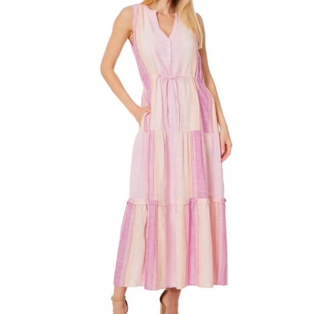 Liverpool Los Angeles Sleeveless Tiered Maxi Dress Women's Medium Pink Stripe